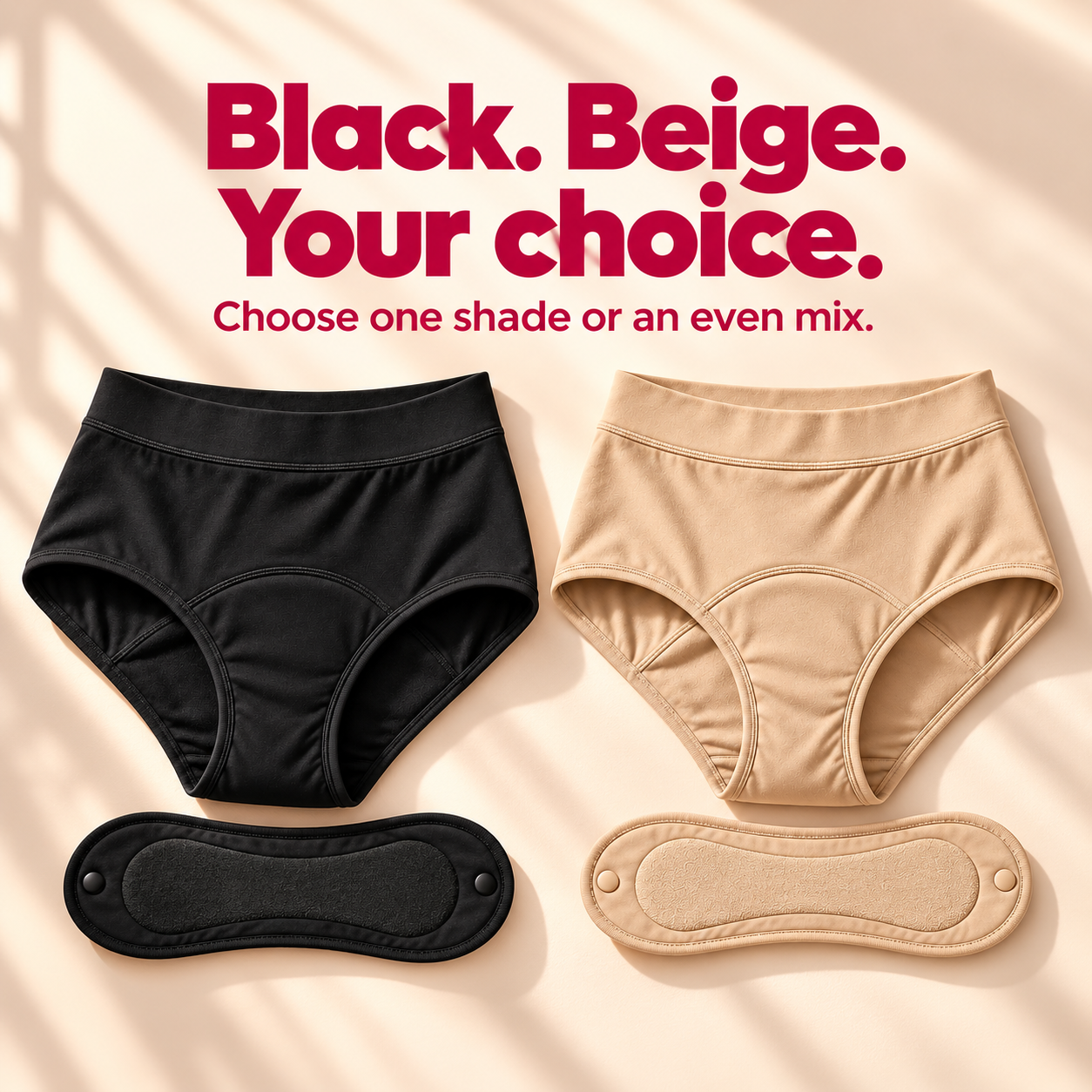 Drylora Black and Beige underwear and removable pads; Mixed includes both colors