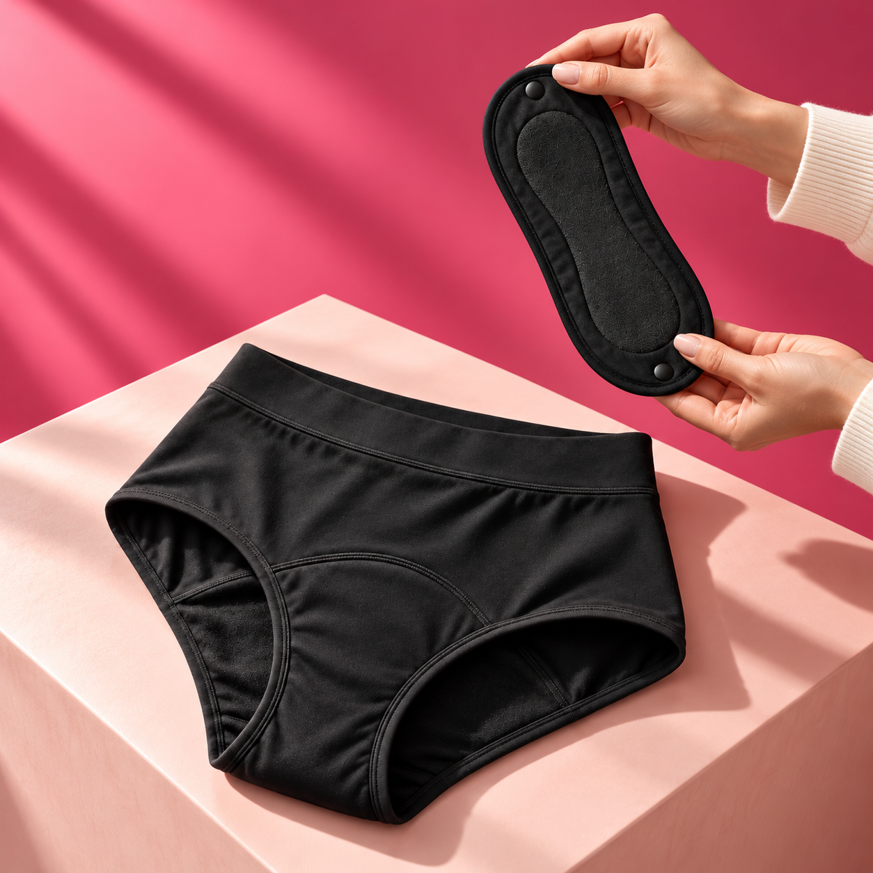 Hands lifting a separate removable pad above the underwear