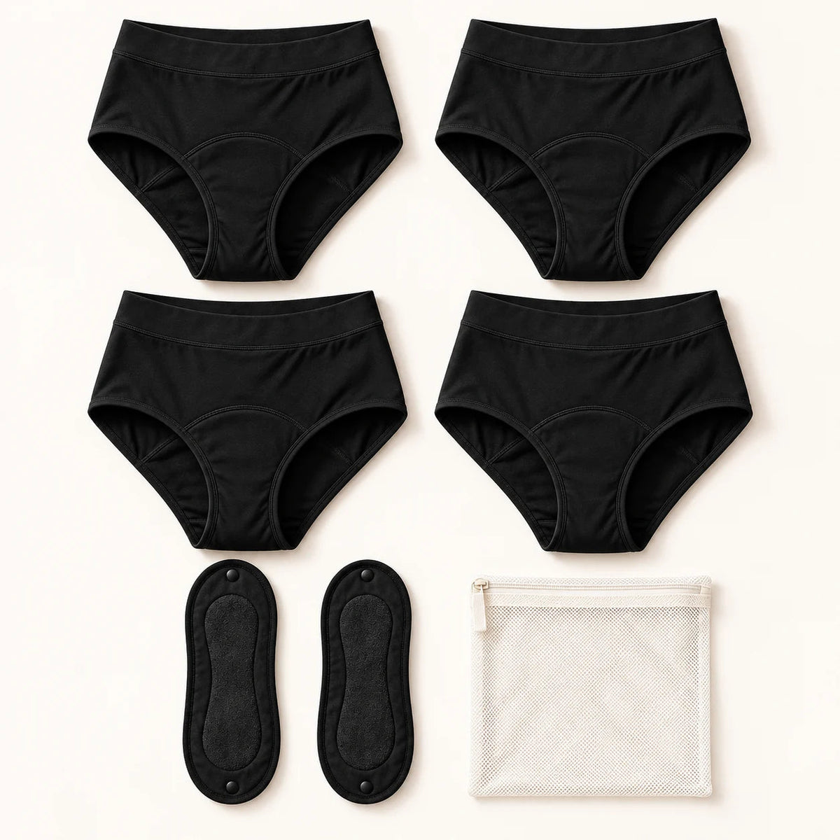 Everyday Set in Black — 4 pairs, 2 pads and 1 washing bag