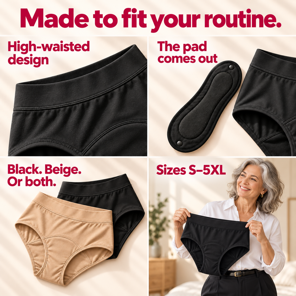 Drylora details: high-waisted design, removable pad, Black and Beige, sizes S–5XL
