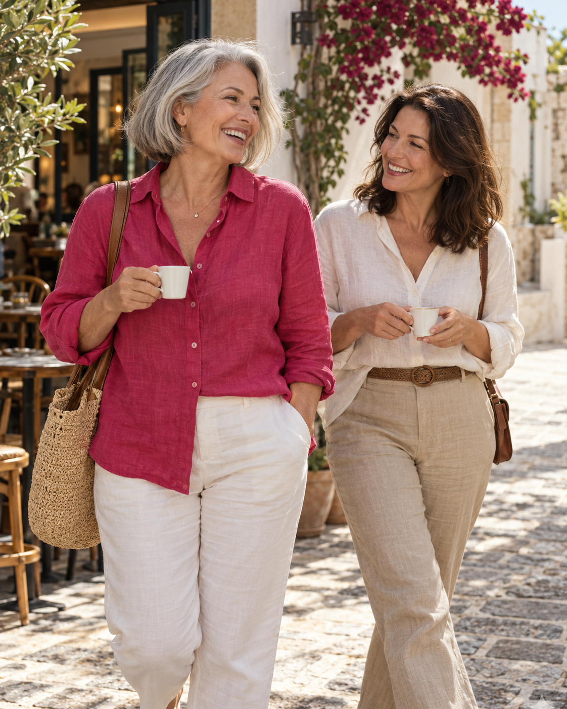 Two women enjoying coffee and conversation outside a café